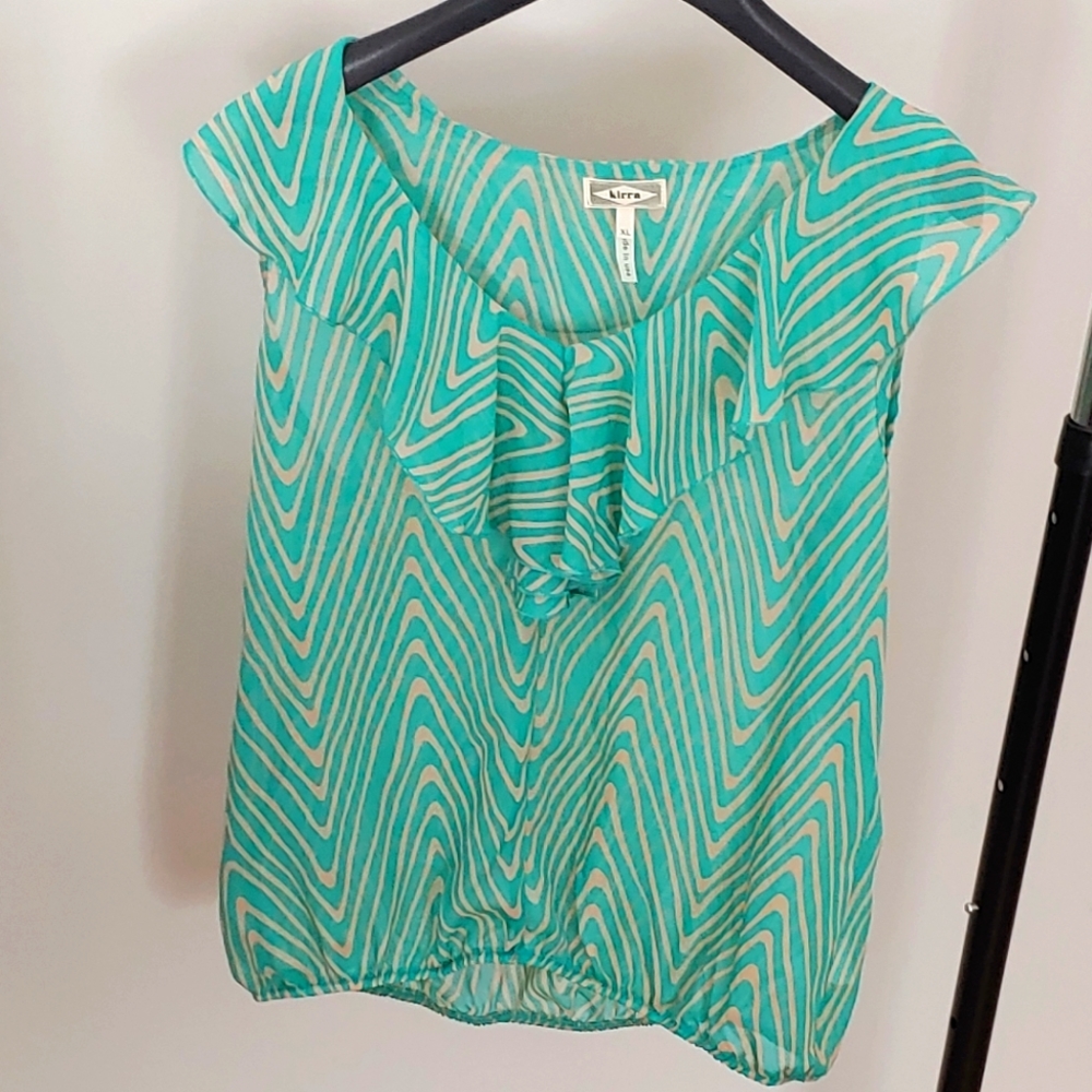 Kirra Teal and Tan print Ruffled Blouse